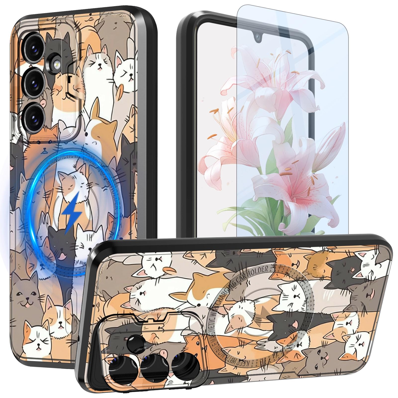 GFRGTFHYT for Samsung Galaxy S24 FE Phone Case 6.7" with Screen Protector & Camera Cover Stand [Built-in Magnets] Kickstand Dual Layer Hybrid