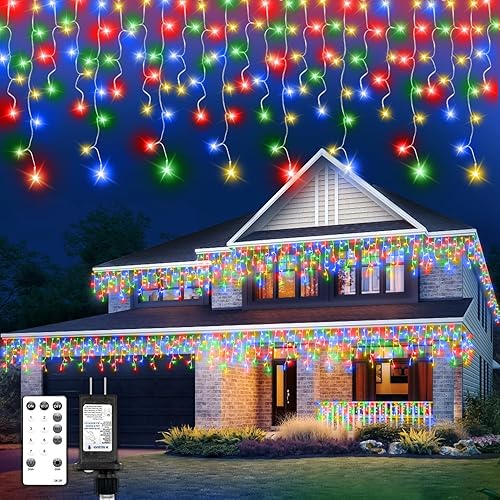 Miniatura 1 de 320 luces LED blancas de carámbanos impermeables para exteriores, 32.8 pies, luces de Navidad conectables con control remoto y temporizador, 8 modos