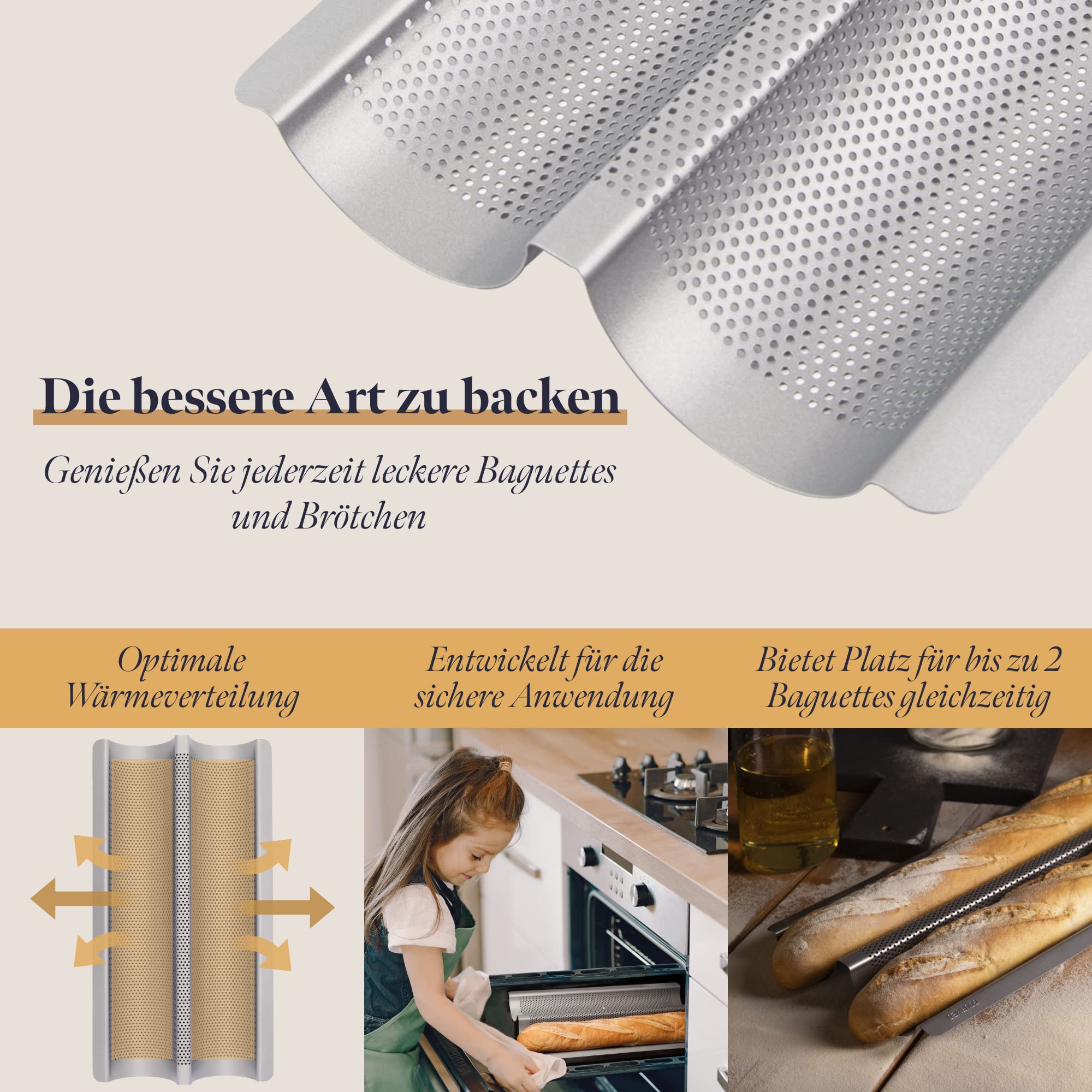Antihaft-Backform für Baguette-Backofen, silberfarben, 38,5 x 20,5 x 3,5 cm – perforiertes Brotblech zum Kochen von 2 Baguettes – einfach zu bedienen und zu reinigen – Farbe Silber