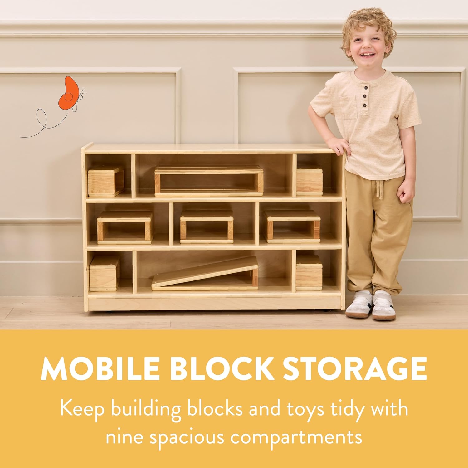 9-Compartment Mobile Block Storage Cabinet, Builder, Toy Organizer, Natural
