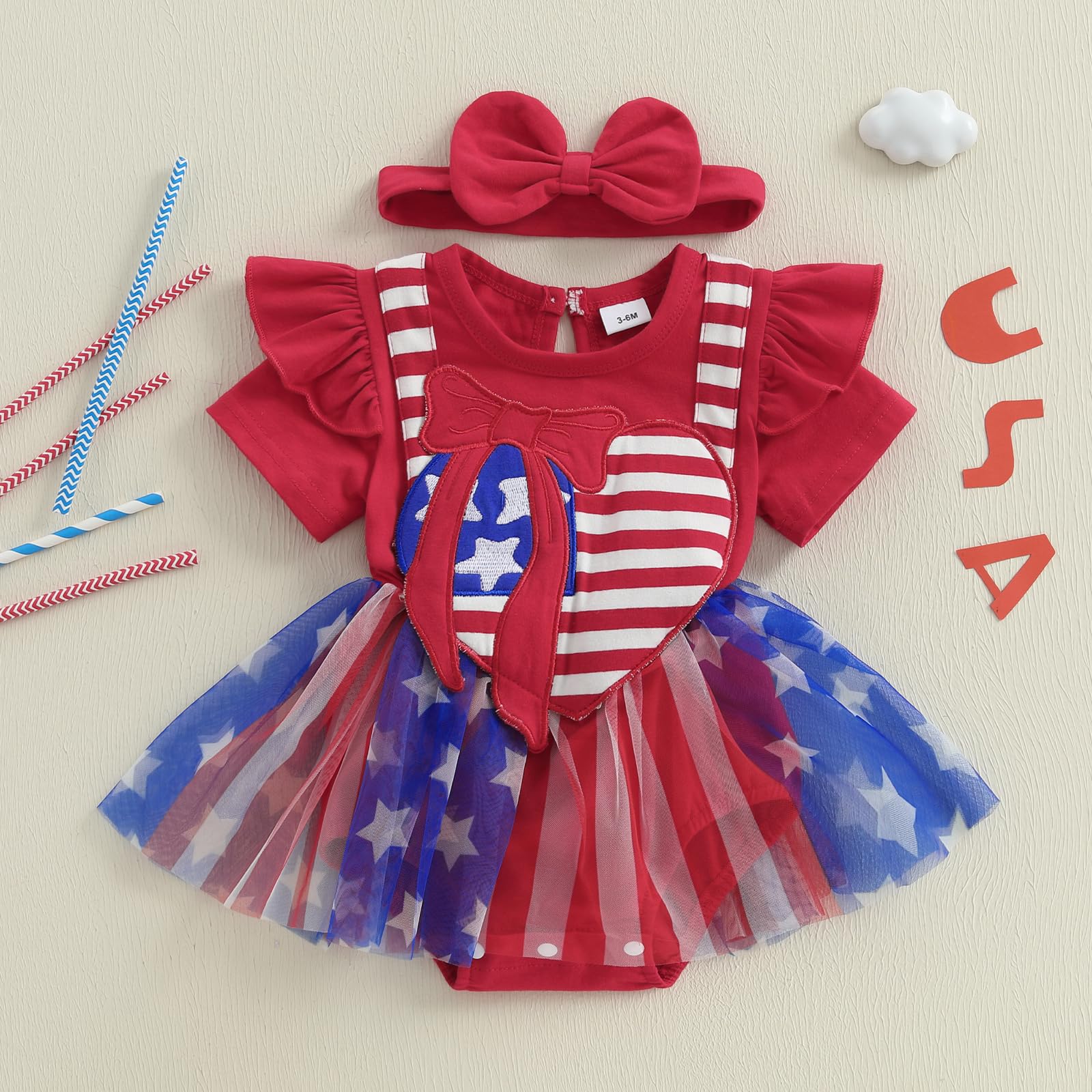 FYBITBO Baby Girl 4th of July Outfit American Flag Romper Onesie Fourth of July Smocked Tulle Dress Summer Clothes (Red USA flag, 9-12 Months)