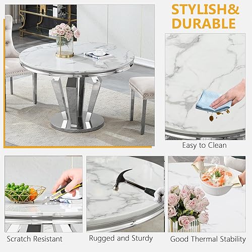 Miniatura 6 de Juego de 4 mesas de comedor redondas de mármol para 4, mesa de cocina redonda moderna y sillas de terciopelo beige, mesa de comedor de mármol blanco
