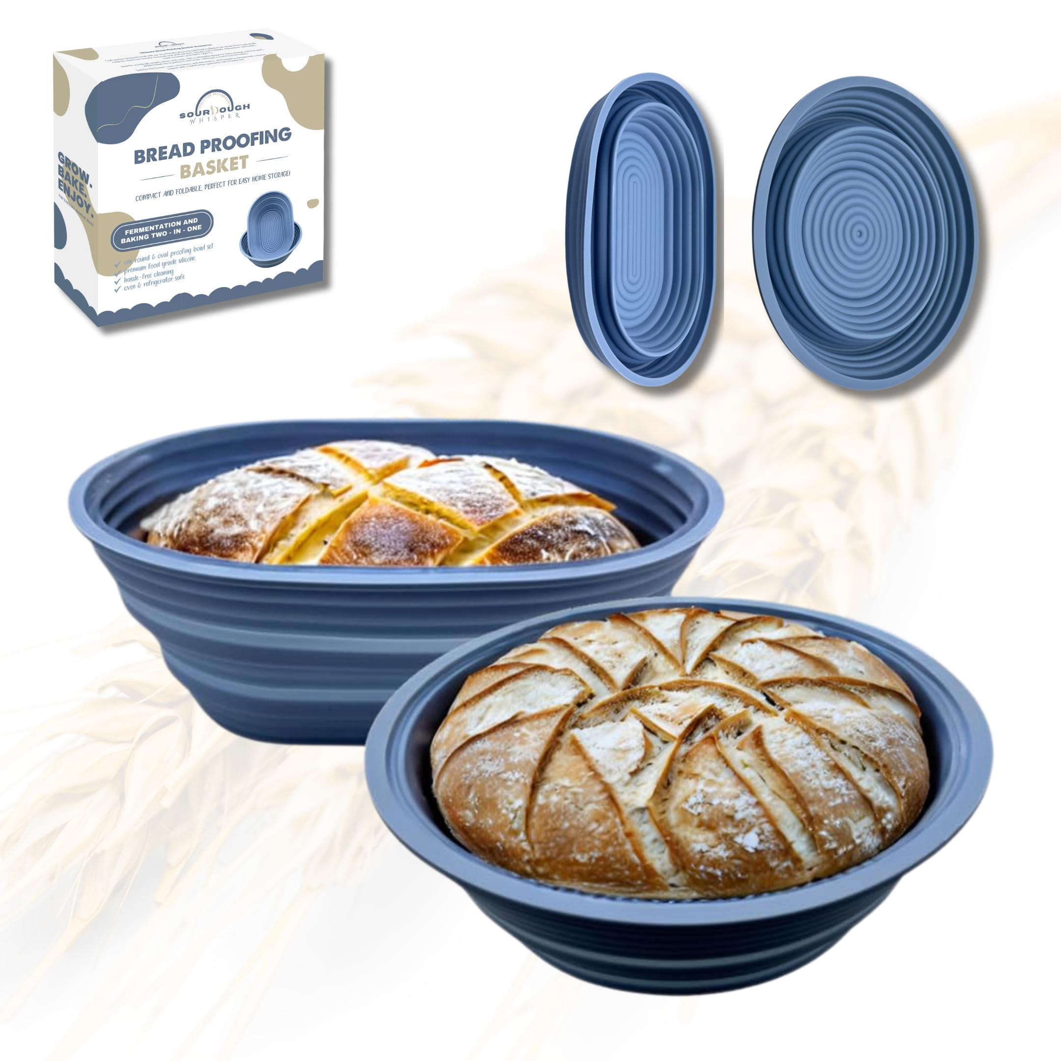 Premium Foldable Silicone Sourdough Banneton Basket | Bread Proofing & Baking Basket Set - Includes Oval & Round Bowls (9.5 Inch) - Oven & Dishwasher Safe, Gifts for Bakers - Blue