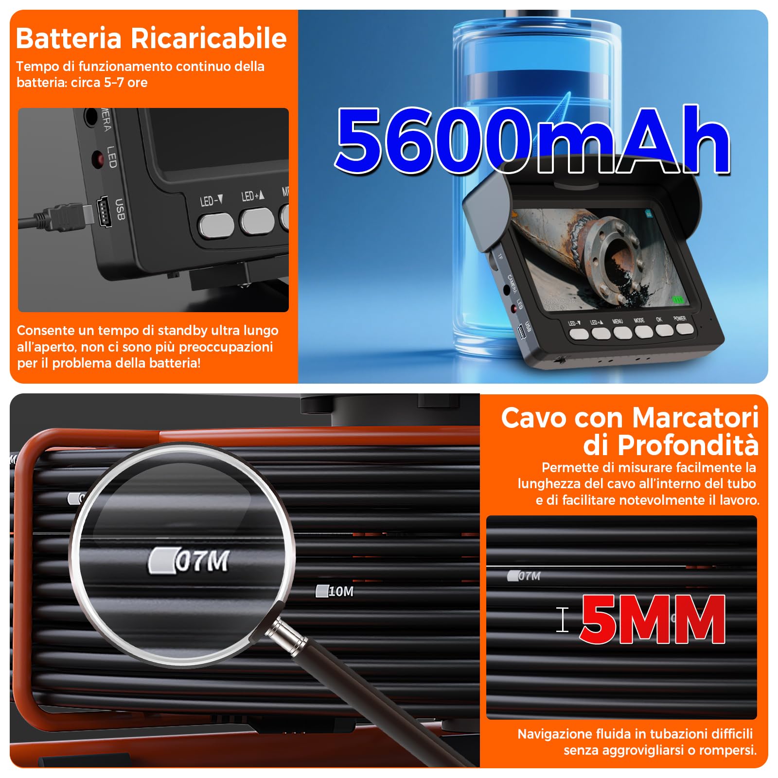 Cámara de Inspección de 20/30m con DVR, Cámara para Inspección de Tuberías de Alcantarillado con Grabador de Audio, Batería de 5600 mAh, 12 Luces LED Ajustables, Tarjeta de 32GB Incluida (20M)