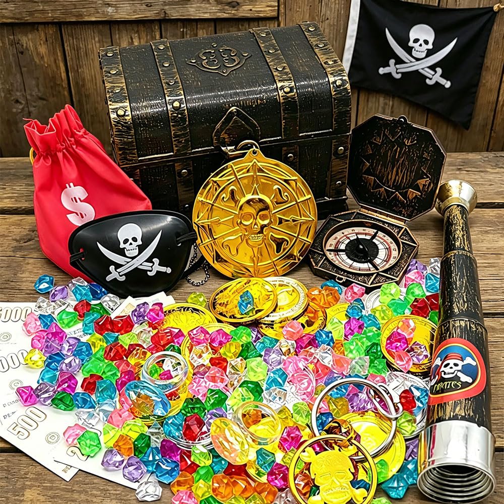 Mbuaopa Boys Gold Pirate Treasure Chest, Kids Pirate Treasure Chest Toy Box, Treasure Chest Kids With Coins, Fake Gems, Compass, Telescope And Pirate Accessories For Girl Halloween Pirate Themed Party Favors