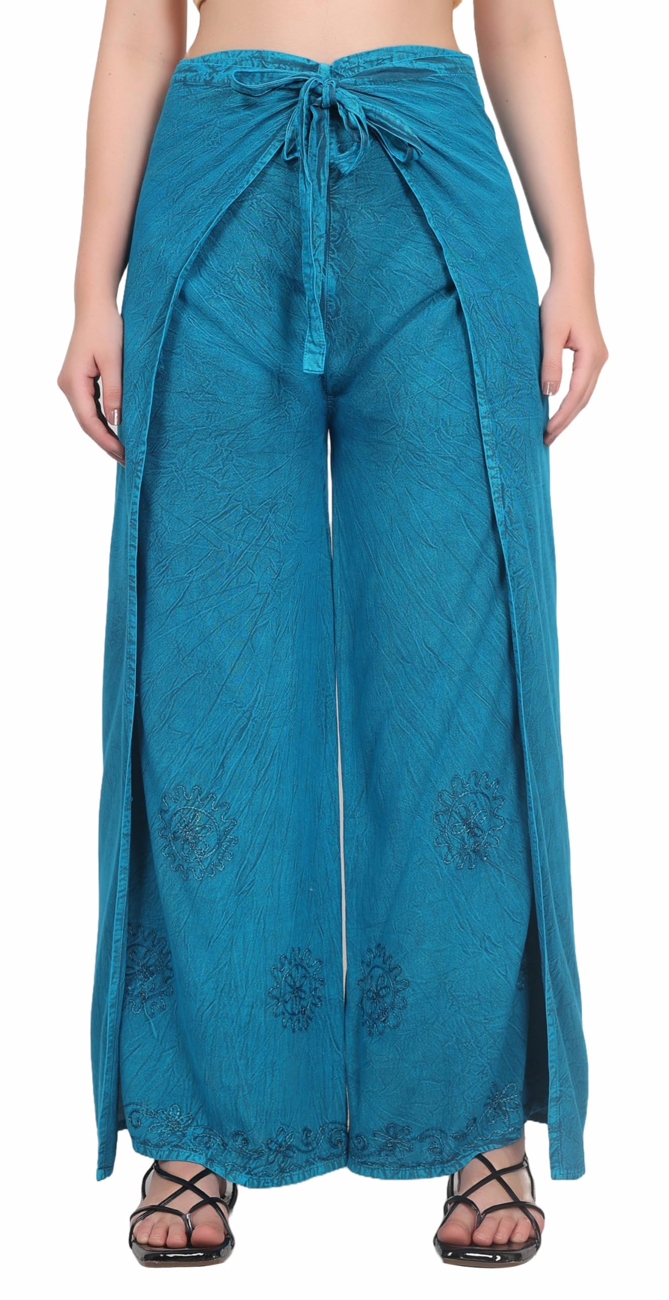 Whitewhale Women's Tourquise Split Wide Leg Long Embroidered Rayon Wrap Palazzo Pant