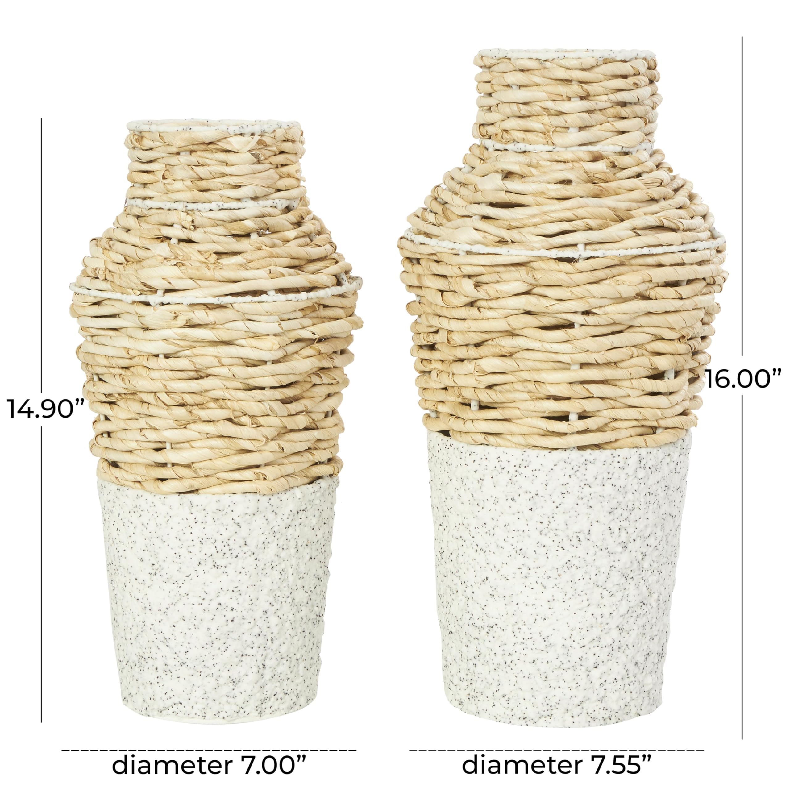 Deco 79 Set di 2 vasi decorativi in alga marina intrecciata con basi bianche e nere maculate, per la decorazione della casa, 40,6 cm, 38,1 cm di altezza, marrone