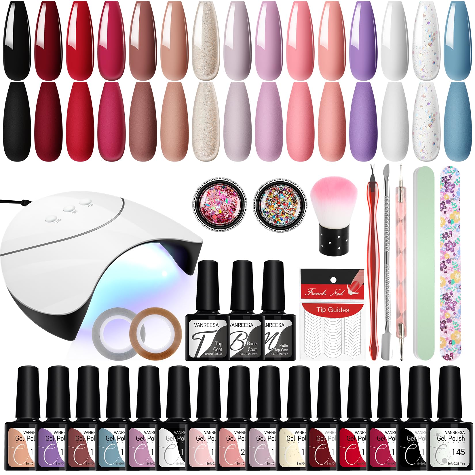 VANREESA 15 Colores Uñas Semipermanentes Kit Completo, Kit Uñas Semipermanentes con Lámpara UV 36W, Set Manicura con Base Top Mate Coat, Regalos para Principiante
