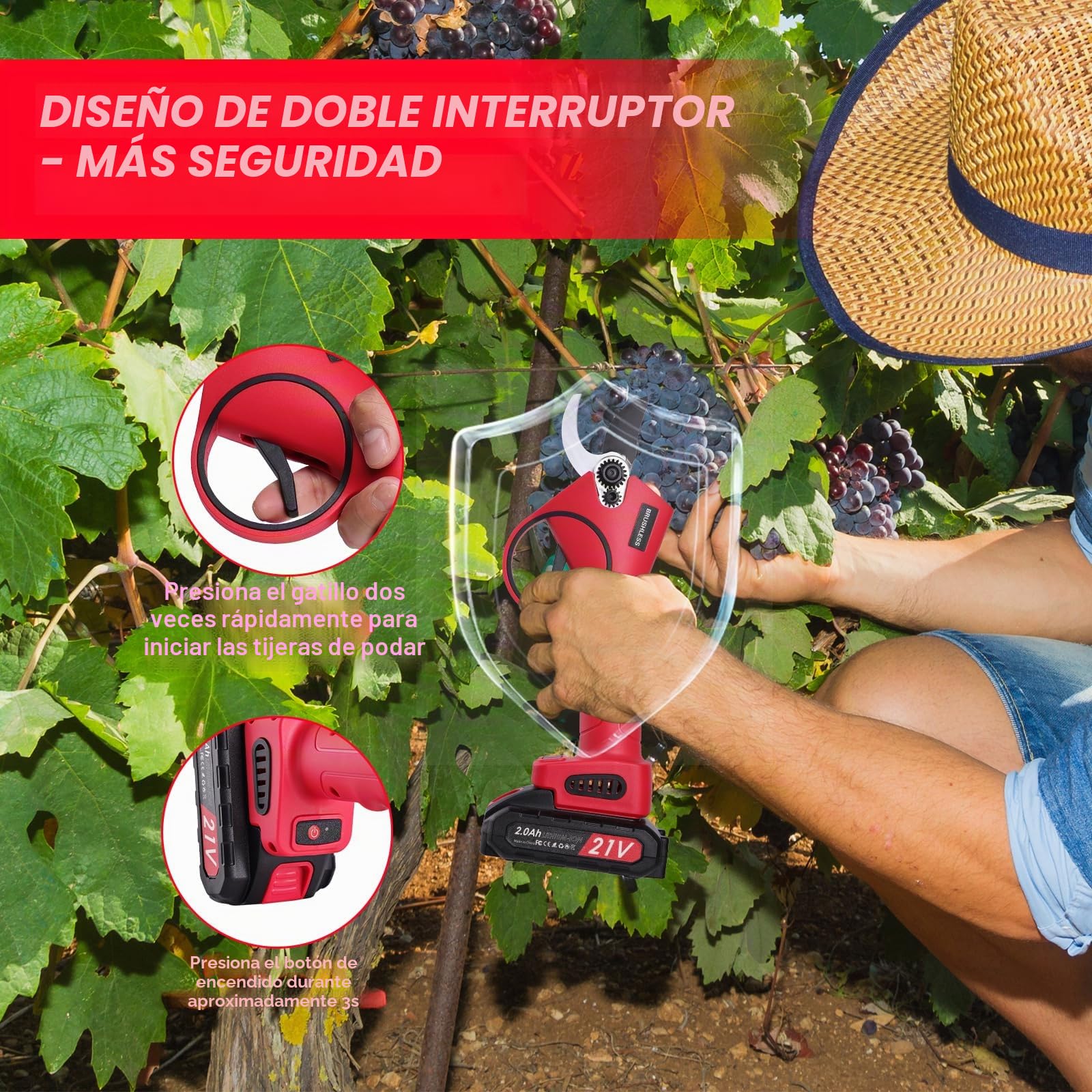 Tijeras de podar eléctricas 30mm, Tijeras de podar bateria con 2 baterías de 21 V / 2000 mAh, 2 Hojas SK5, Larga Duración, Tijeras de podar inalámbricas para jardinería Vides Árbol frutal