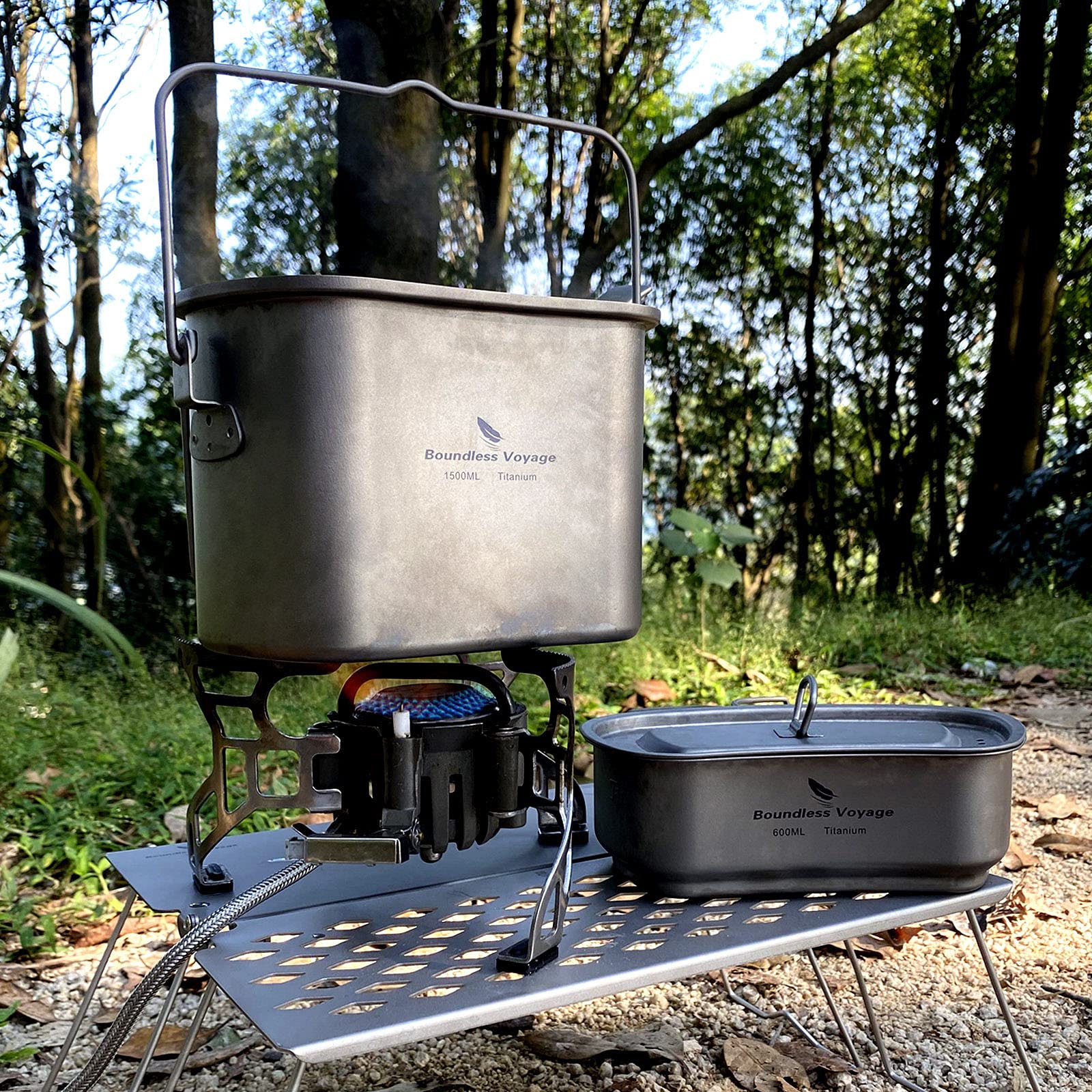 Boundless Voyage Titan-Kantinenbecher-Mess-Set Nierenförmiges Camping-Titan-Kochset zum Aufhängen mit Deckel und Griffen Ti2059C