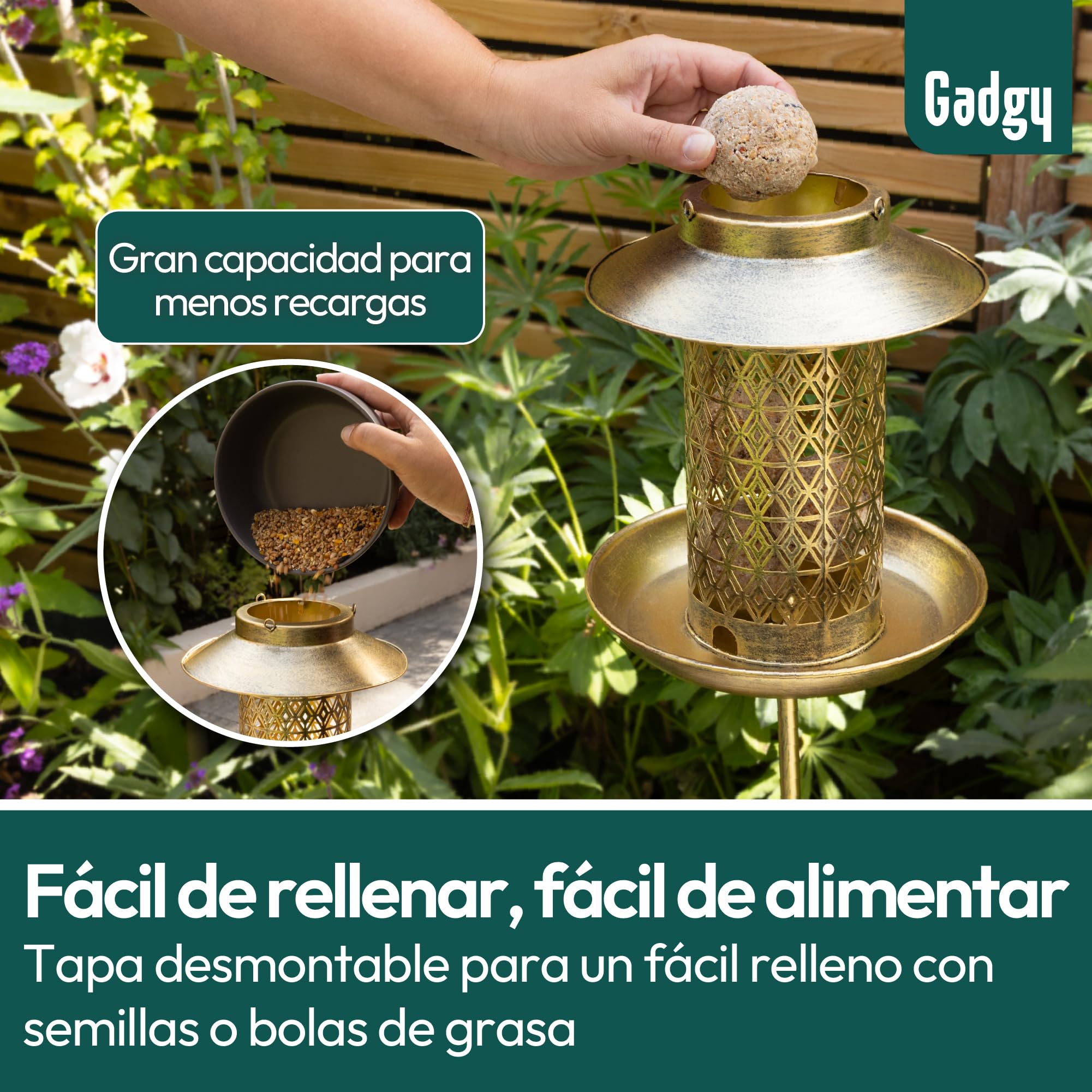 Gadgy Comedero Solar para Pájaros 2 en 1 con Lámpara de Jardín – Casa para Pájaros Colgante Dorada con Iluminación Solar Automática – Decoración Exterior Resistente a la Intemperie