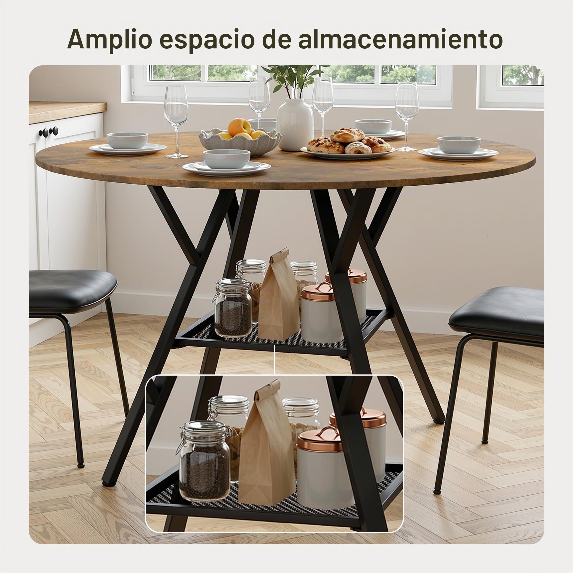 Mesa de Comedor Redonda para 4 Personas, Mesa de Cocina Industrial con Estante de Malla, Mesa de Madera Ahorradora de Espacio para Comedor y Cocina (Retro, 120cm)