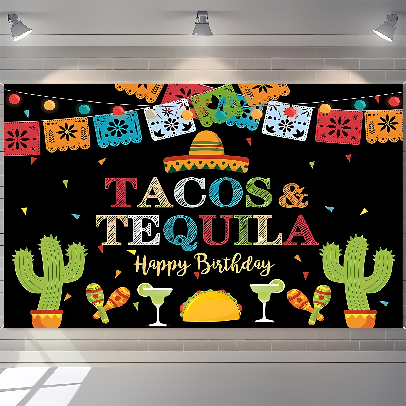 HDKSHX Fiesta Backdrop Happy Birthday Tacos and Tequila Colorful Lights Background Drop Cinco De Mayo Backdrop for Pictures Birthday Party Mexican
