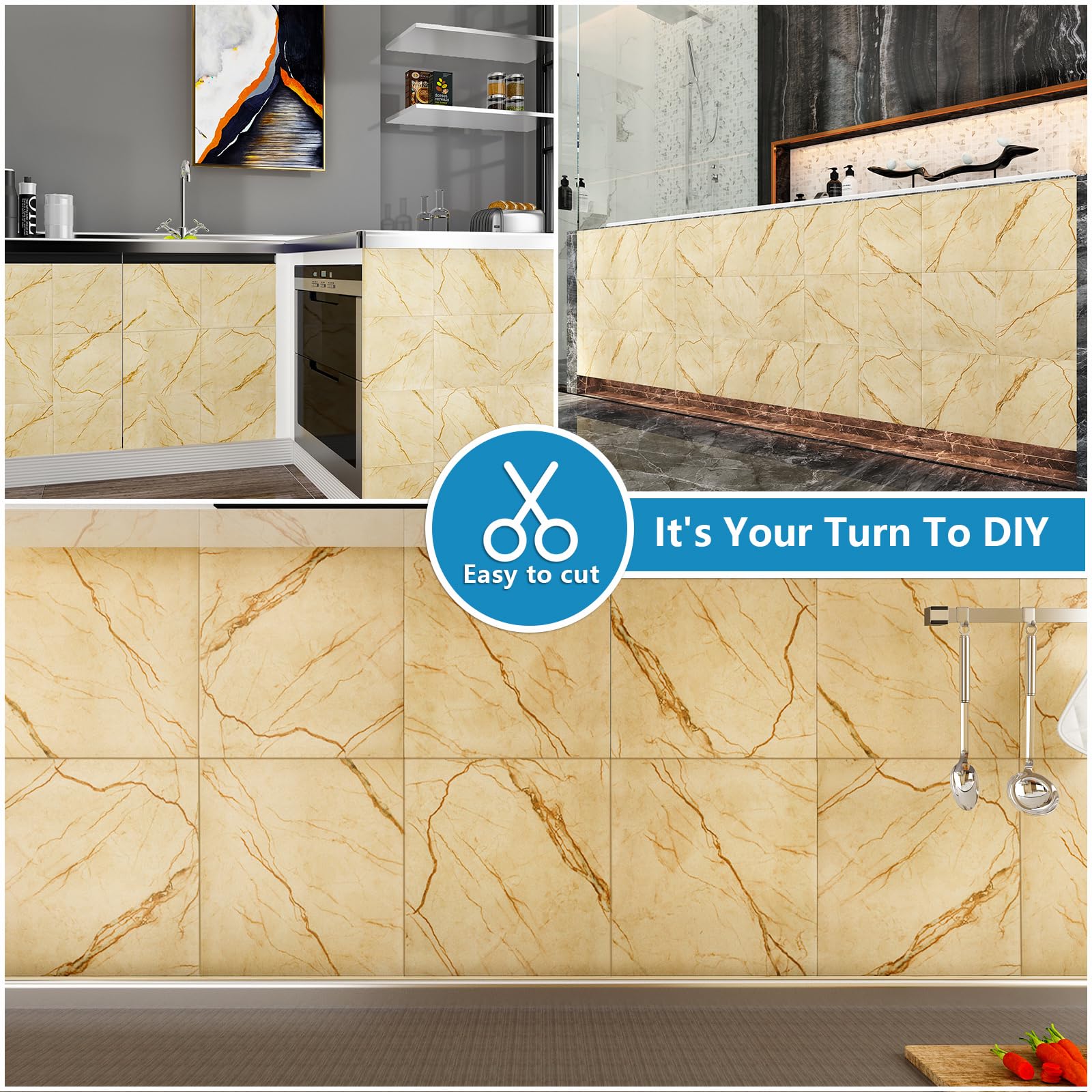 VEELIKE Suelo De Vinilo Para Pegatinas De Baldosas Adhesivo Para Azulejos Amarillo Mármol Adhesivas Suelo Adhesivo Azulejos De Azulejos Para Baño Y Cocina, 30 cm x 30 cm, 24 Piezas