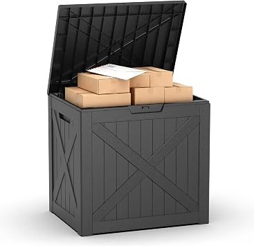 PatioZen 32 Gallon Package Delivery Box, Lockable Outdoor Package Delivery Box with Lid, Waterproof Resin Storage Bench for Patio Furniture, Garden Tools, Cushions, Pool Accessories Black