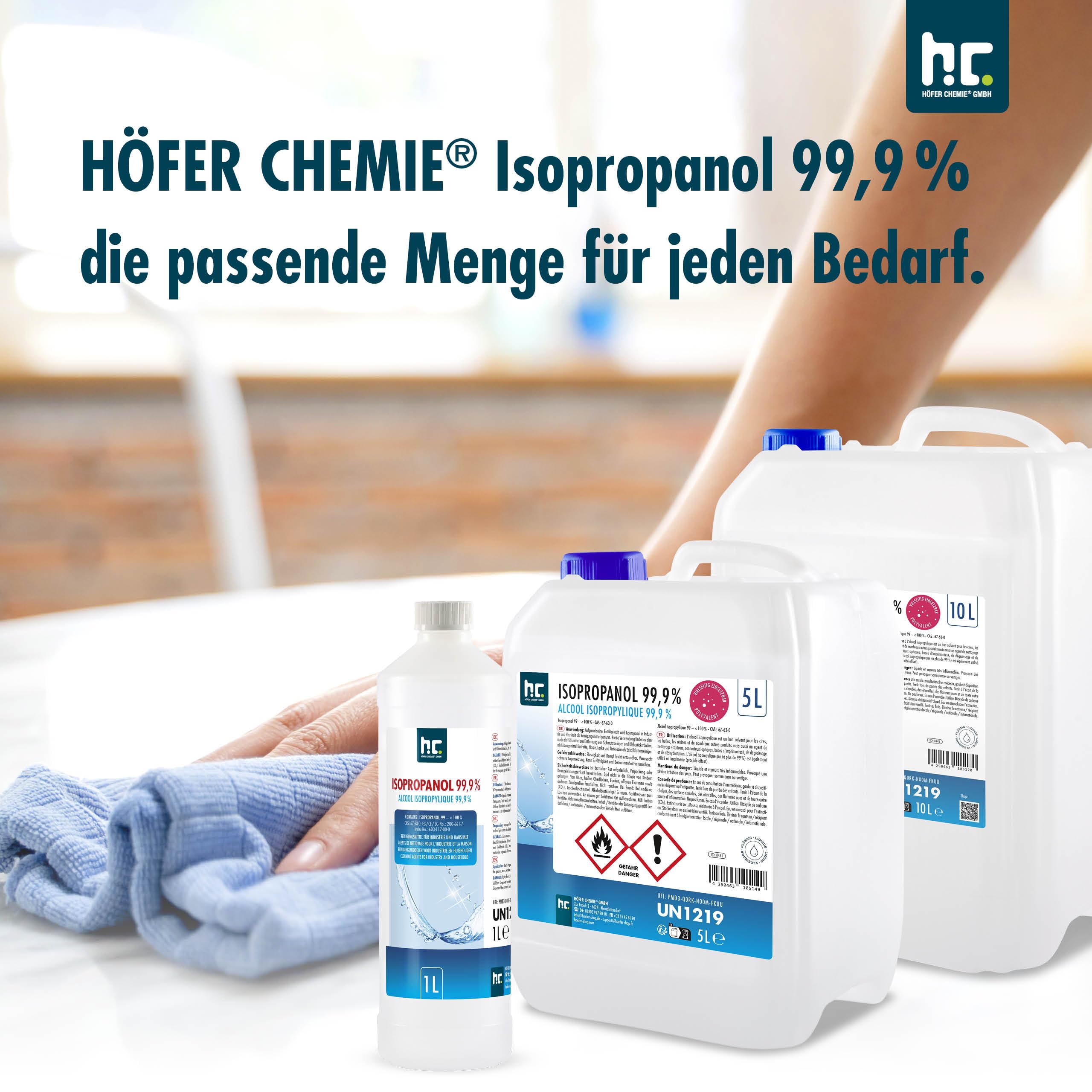 24 x 1 L Isopropanol 99,9% IPA von Höfer Chemie frisch abgefüllt in handliche 1 L Flaschen - perfekt als Lösungsmittel und Fettlöser geeignet