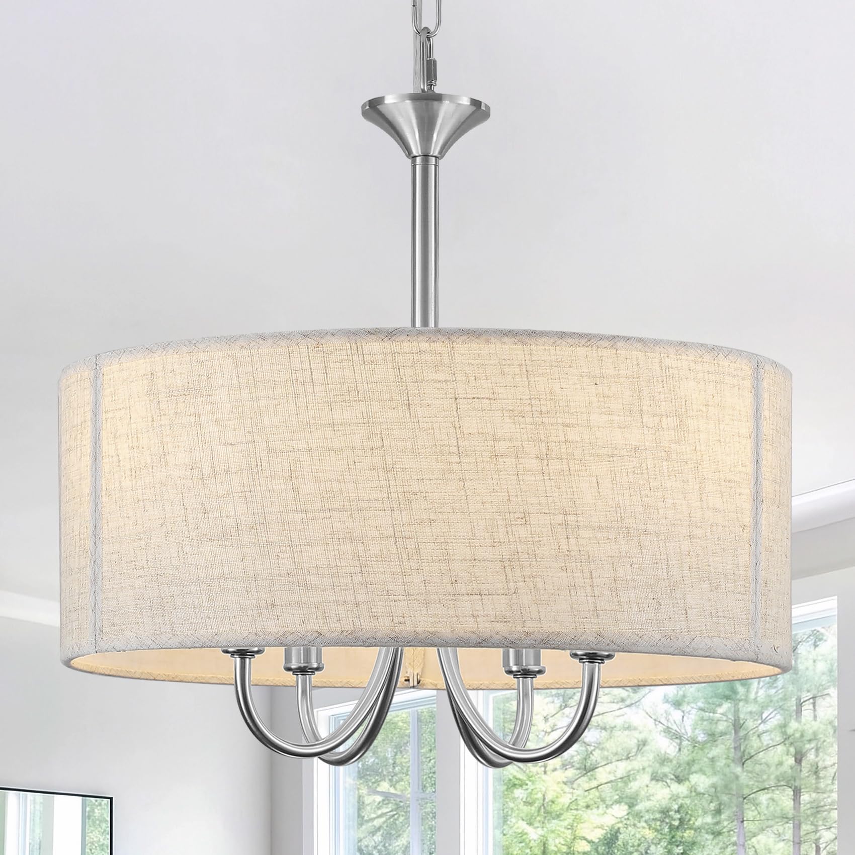 4-Light Modern Chandeliers for Dining Room, 16'' Drum Chandelier Light Fixture, Farmhouse Hanging Linen Drum Chandelier Pendant Ceiling Light Fixture for Foyer Entryway Living Room, Brushed Nickel