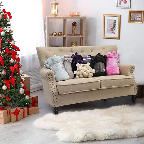 Miniatura 8 de BYTIDE Manta con pompones para sofá, manta de franela de vellón con borlas de flecos de pompones, manta de felpa, esponjosa, acogedora, cálida,