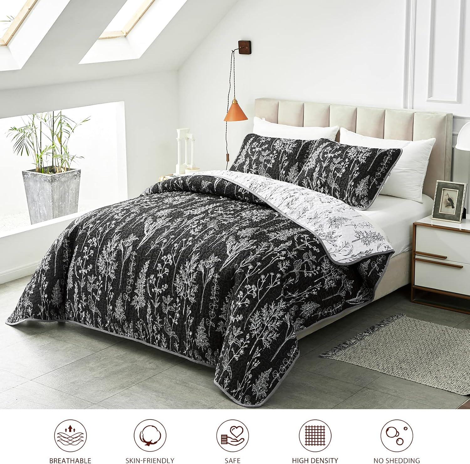 Joyreap 3 Pieces Quilt Set Full/Queen, Black n White Rversible Botanical Design, Smooth Soft Microfiber Quilt, Bedspread Bed Cover for All Season, 1 Quilt and 2 Pillow Shams- 90x90 inches