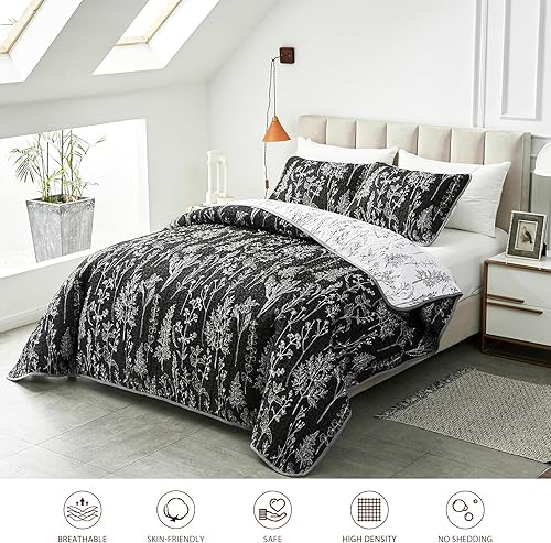 Miniatura 2 de Joyreap Juego de edredón de 2 piezas, tamaño individual, diseño botánico reversible negro y blanco, colcha de microfibra suave y suave, funda de