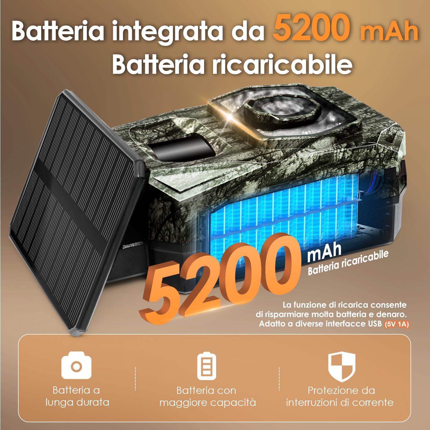 Fototrappola Notturna Fototrappola con Pannello Solare, Wifi Bluetooth Fototrappole con Batteria Ricaricabile da 5200mAh, 48MP Foto Trappola per Animali & Videosorveglianza IP66 Impermeabile, 0.1s