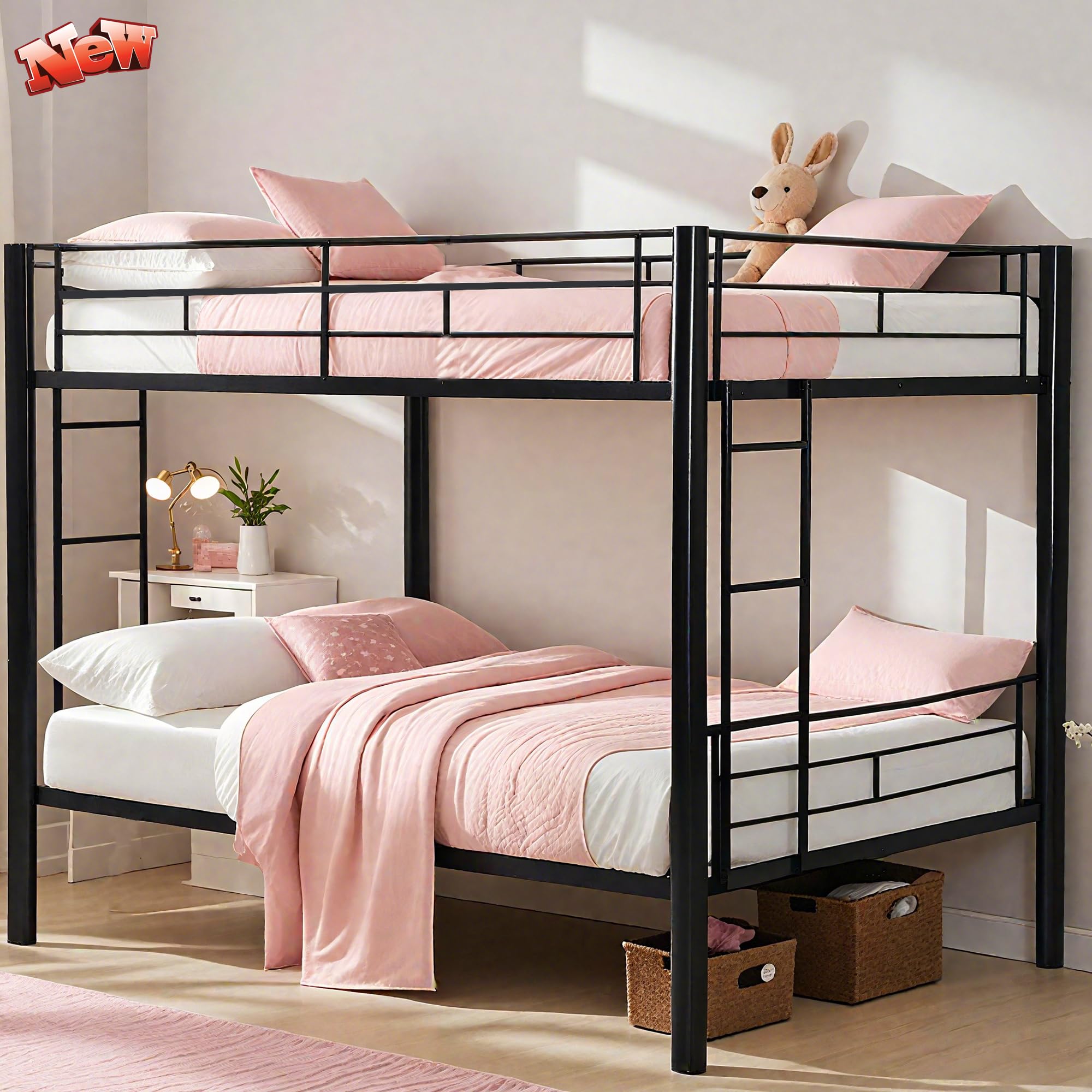 FUSVZ Metal Full Over Full Bunk Bed for Adults, Kids & Teens | Heavy Duty Convertible Bunk Bed with Sturdy Guard Rails & Dual Side Ladders | Space-Saving Durable Metal Frame | Weight Capacity 600LBS