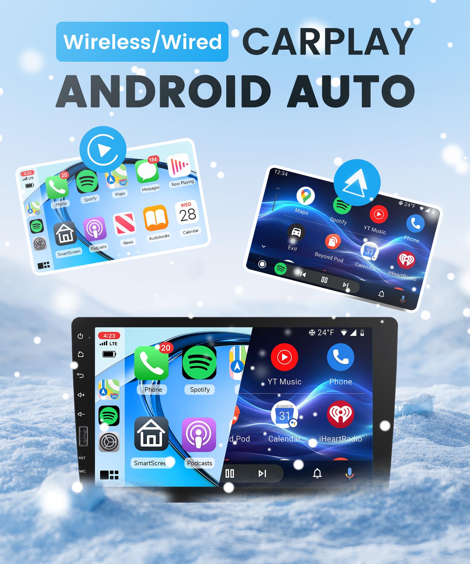 Inalámbrico Carplay Radio de Coche 1 DIN con You-Tube Android Auto, 9 Pulgadas Pantalla Táctil Radio Coche con Mirror Link Bluetooth FM/Am/RDS Radio USB/EQ/AUX Control del Volante Cámara Trasera