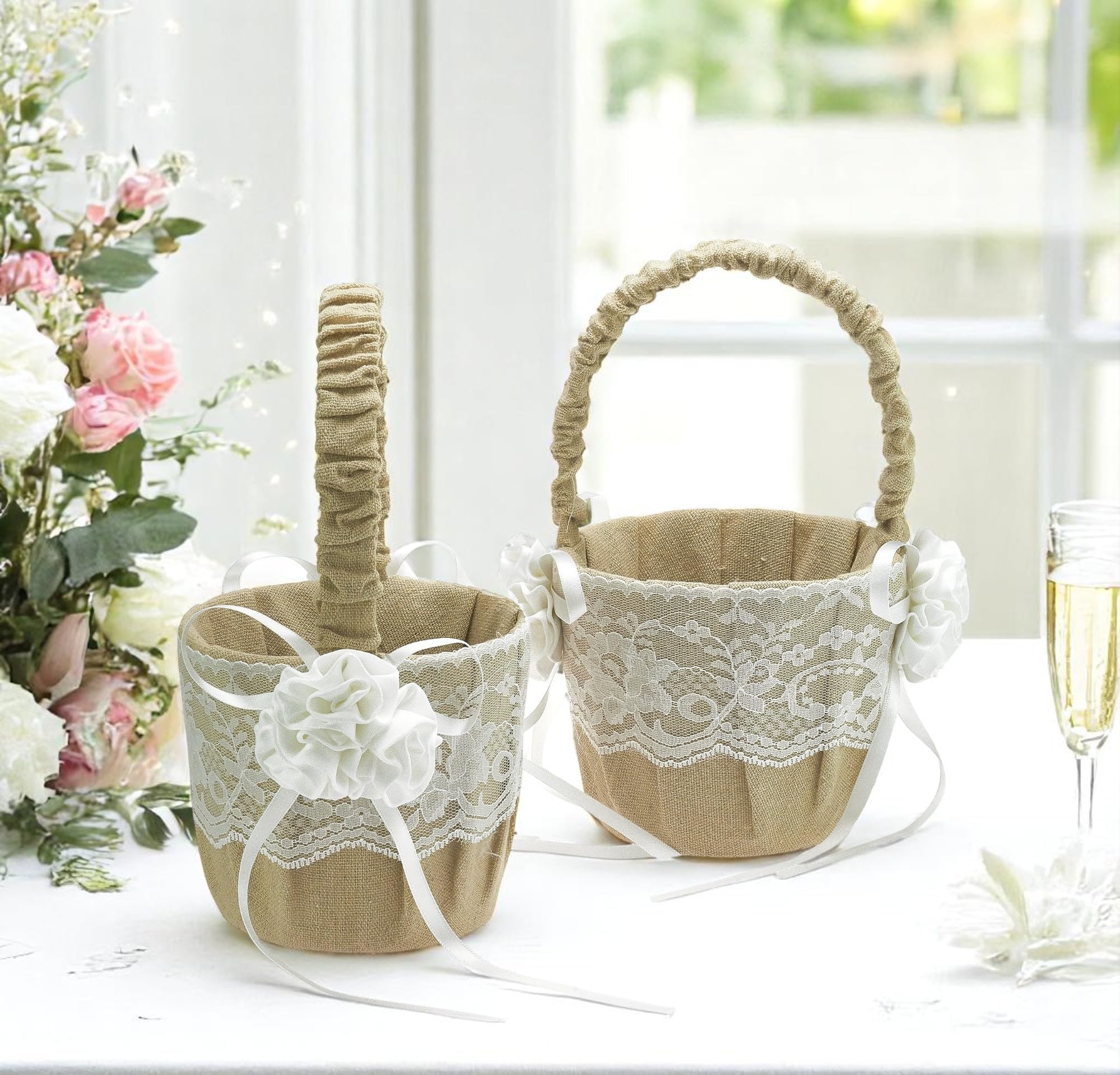 EinsSein Set 2 Cestas de Flores Boda Flor de Yute 17x26x13 cm | Cestas de Mimbre Naturales para Arras Alianzas y Decoración | Porta Anillos Cestitas Regalo Cesto Rústico Boda