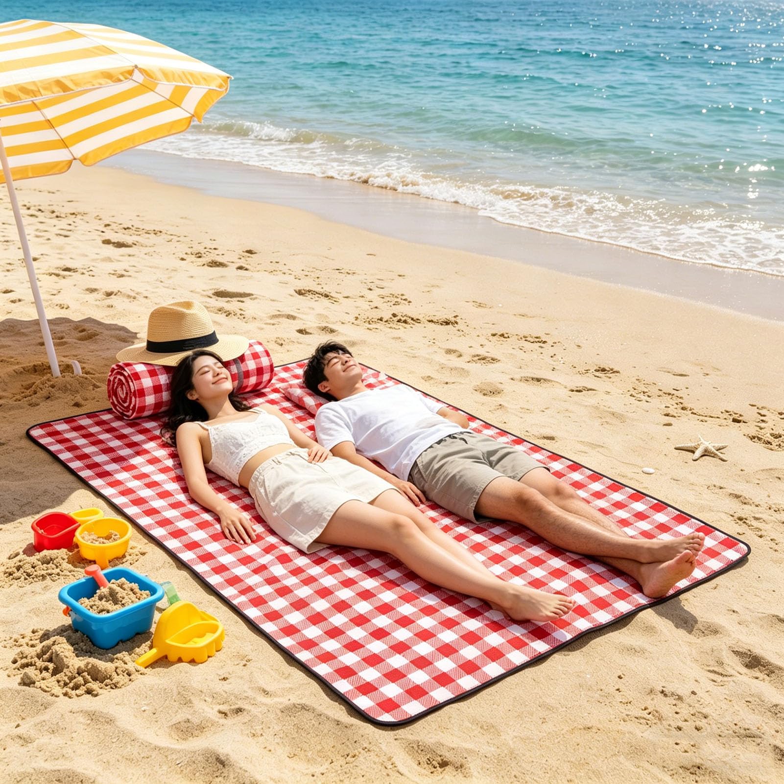 Grande Telo da Picnic Impermeabile Antiscivolo Lavabile in Lavatrice Pieghevole e Portatile, Coperta da Picnic con Manici, per Famiglie e Amici, Campeggio e Viaggi,Blue Grid,200×200cm