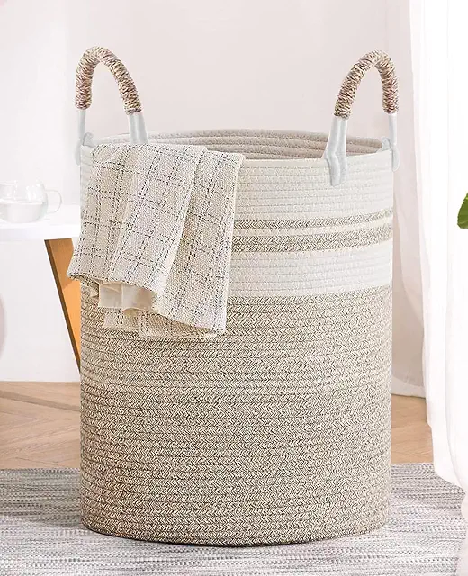 Cesto para Ropa Sucia de Algodón Bicolor 50L - Cesta Trenzada con Asas 37x47cm