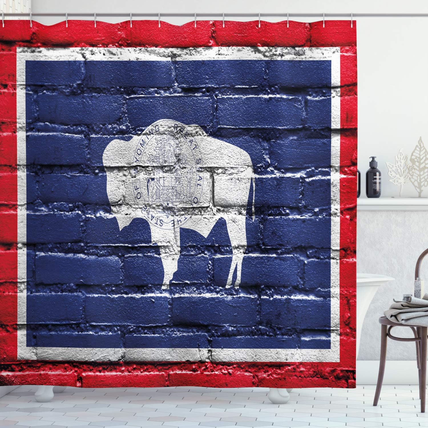 Ambesonne Wyoming Shower Curtain, Flag of Equality State with Bison Print Painted on Brick Wall, Cloth Fabric Bathroom Decor Set with Hooks, 69" W x 70" L, Night Blue White