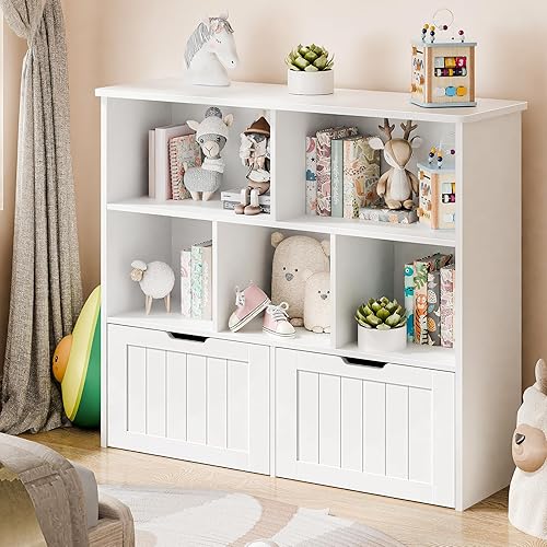 Vabches Organizador de almacenamiento de juguetes, estantería para niños y almacenamiento de juguetes con 2 cajones móviles, organizador de estante