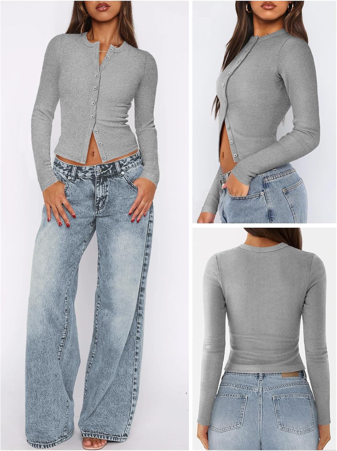 Womens Ribbed Button Down Long Sleeve Top Knit Button Up Fitted Cardigans Cropped Cute Fall Going Out Tops for Women - Image 2