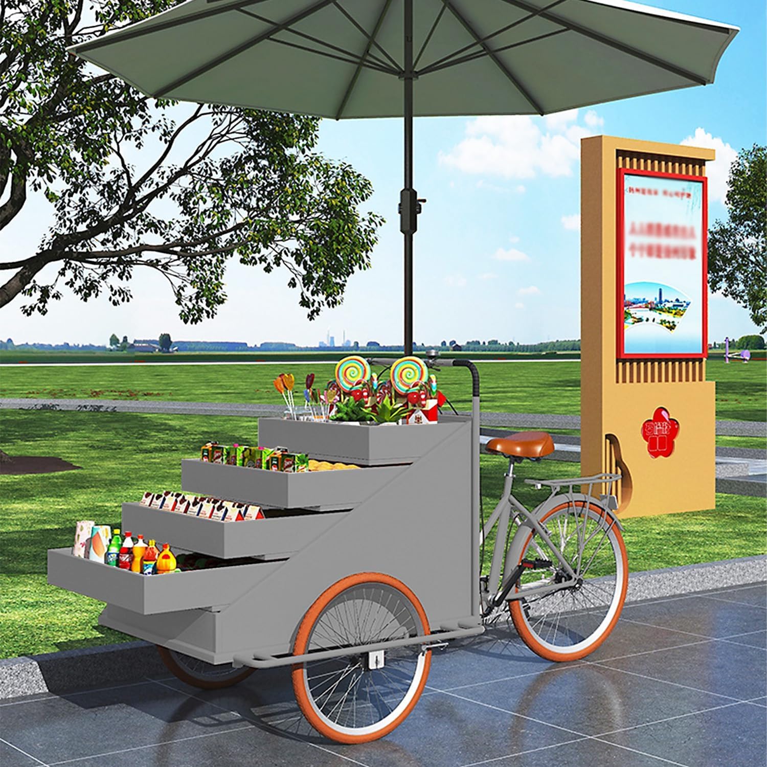 Mobilny wózek do sprzedaży żywności z dużym wyświetlaczem, design trójkołowy i parasol na imprezy plenerowe, festiwale, targi – przyczepa komercyjna o dużej pojemności