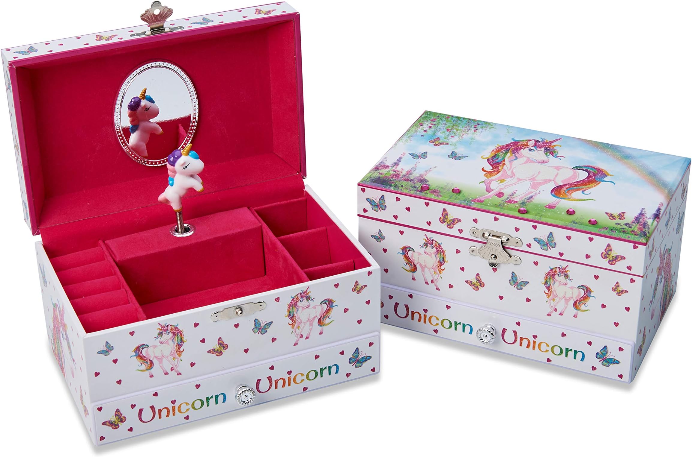 Lucy Locket 'Magical Unicorn' Musical Jewellery Box for Children - Pink Glittery Kids Jewellery Box With Ring Holder