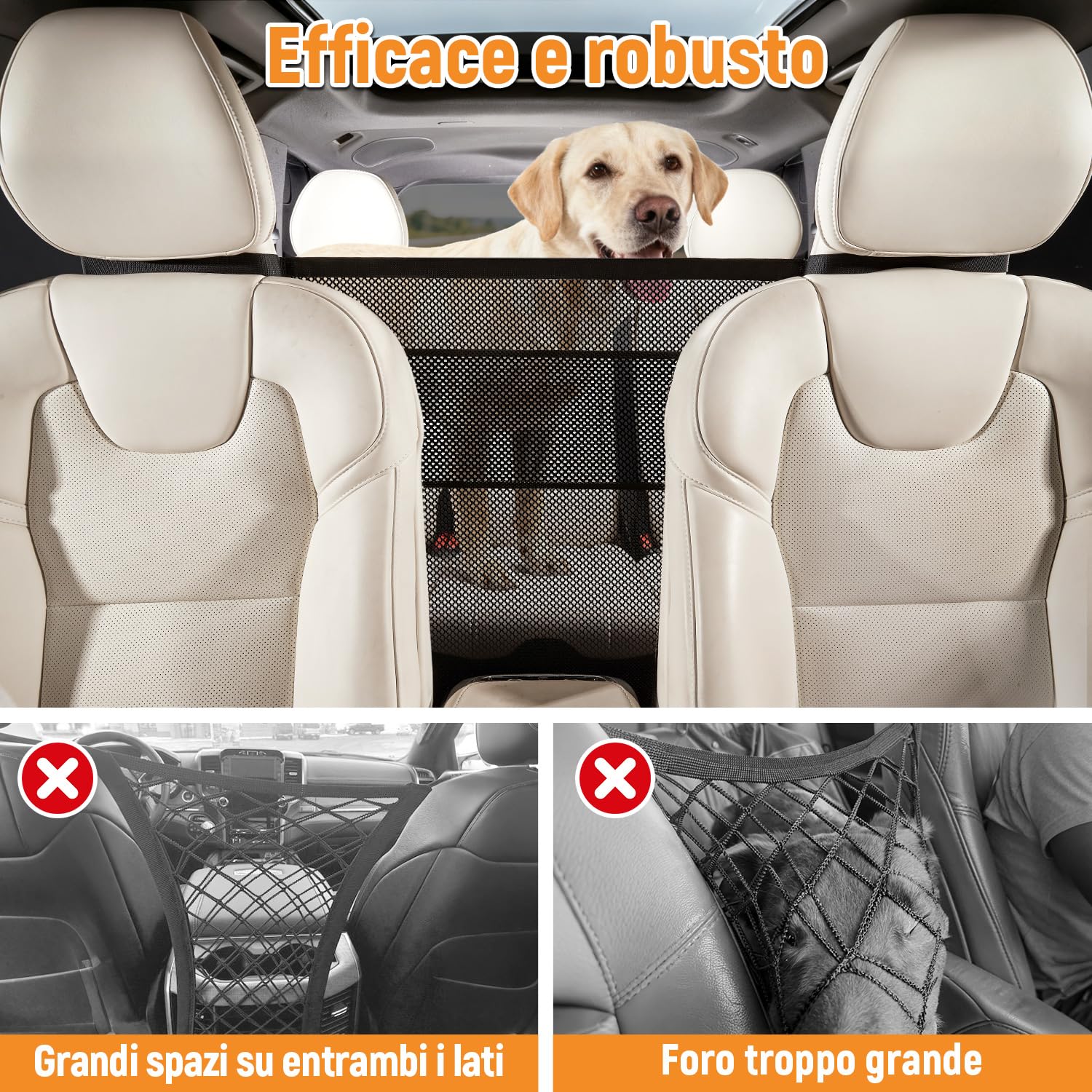 GGW Griglia per Cani per Auto con Tasche portaoggetti per Cani – Rete di separazione per Sedile Anteriore, barriera di Sicurezza Contro Il Cane dal Sedile Posteriore, Universale