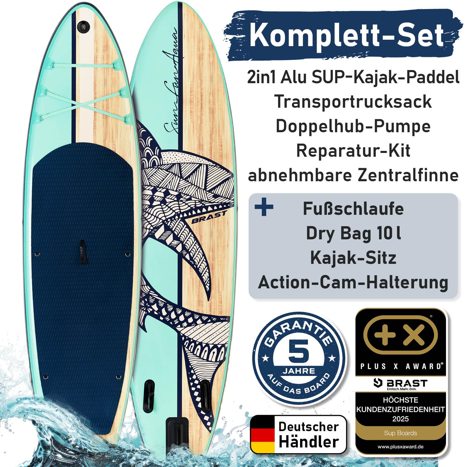 BRAST SUP Board Shark | Aufblasbares Stand up Paddle Set | 320x81x15cm | 8 Designs | 5 Jahre Garantie | inkl. Sonderzubehör | 2in1 Paddel Kajak-Sitz Action-Cam-Halterung Fußschlaufe Pumpe Rucksack