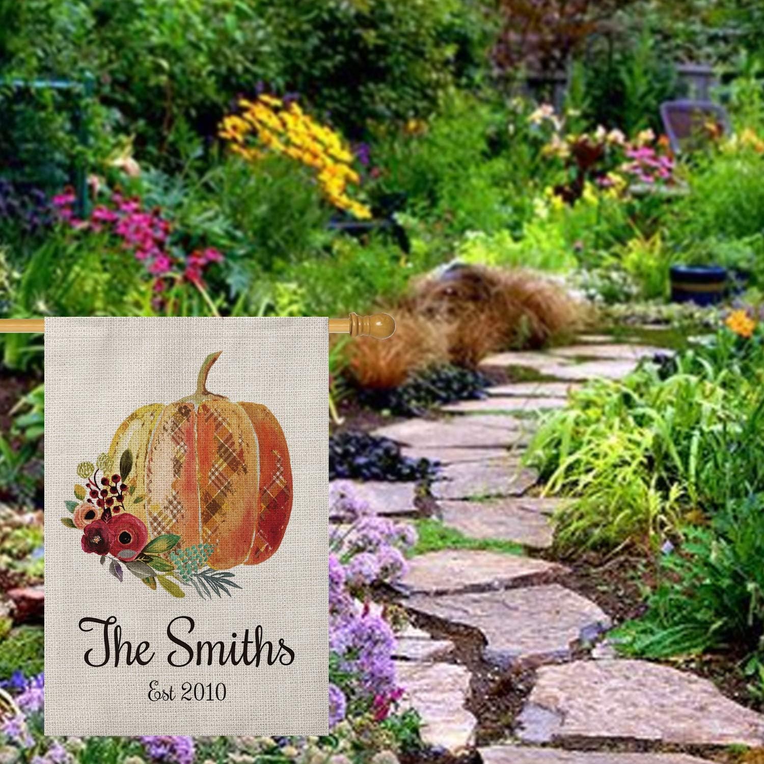 SMILE Personalized Fall Thanksgiving House Flag, Customized Family Name And Established Year Pumpkin And Flower, Double Sided 28 x 40 Inch Rustic Farmhouse Burlap Yard Outdoor Decoration