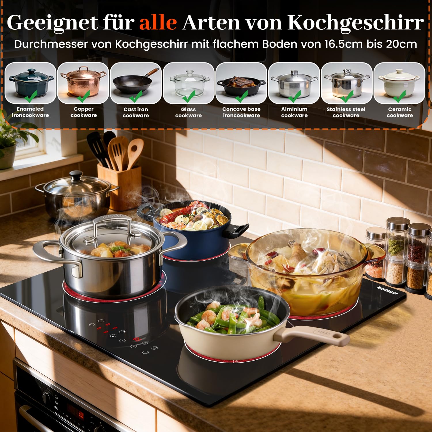 Karinear Glaskeramikkochfeld 4 Platten 6000W 60 cm Touch-Steuerung Timer Sicherheitsverriegelung 240V