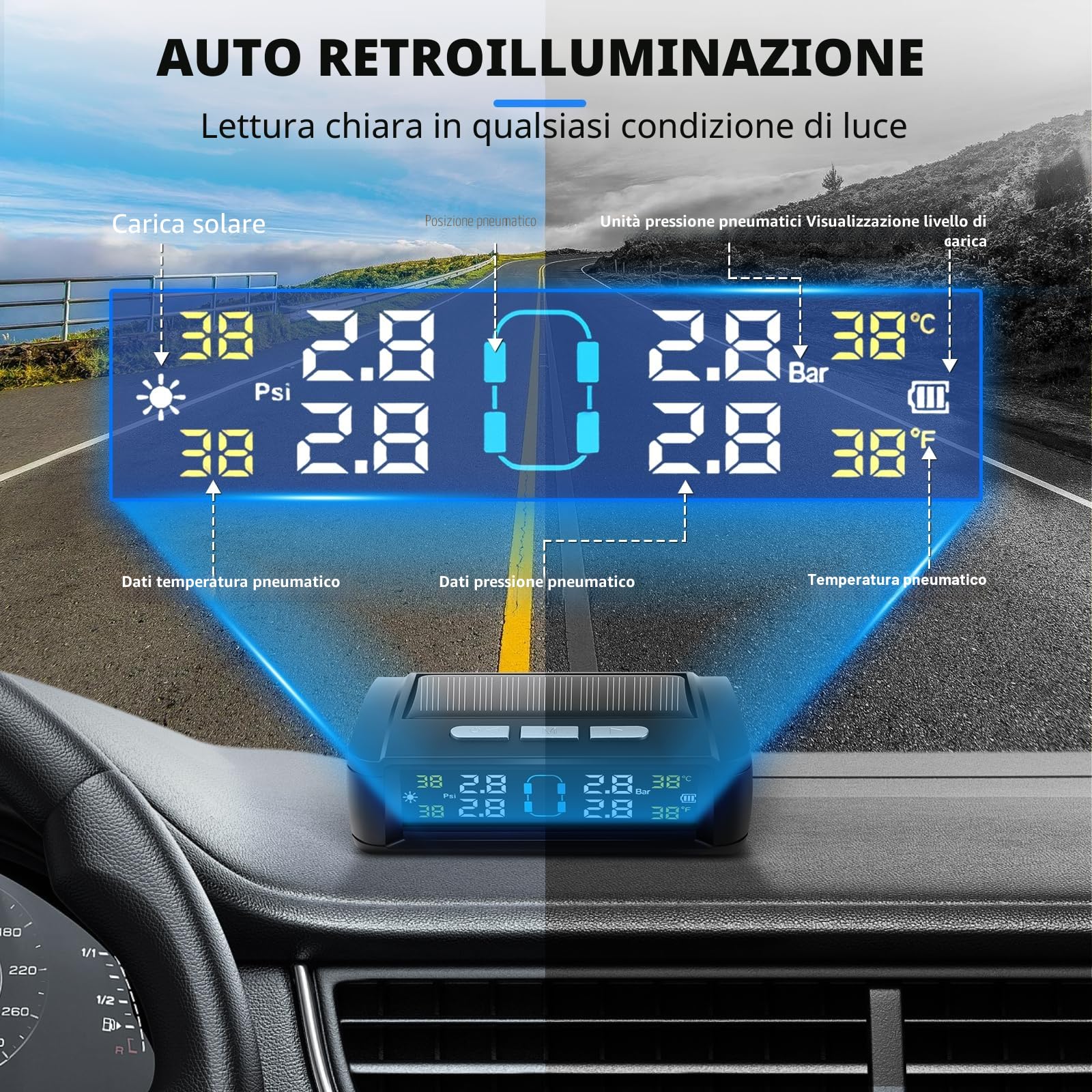 Geloo TPMS Monitoraggio della Pressione Pneumatici Universale con 4 Sensori di Controllo Pressione per Pneumatici Impermeabili IPX7 Range di Pressione: 0-5 Bar per Auto Camper