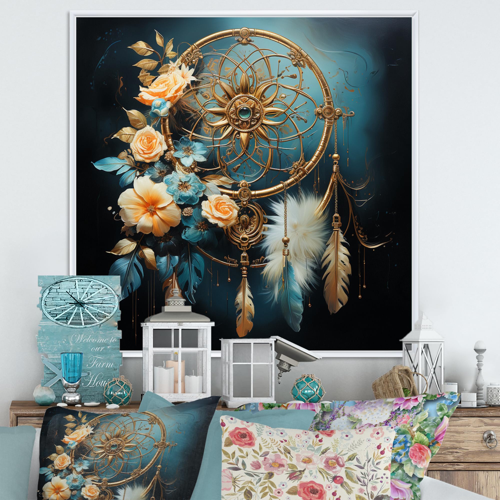 DesignQ Large Dream catcher framed wall art, Gilded Dreams Gold Dream Catcher I, Dream catcher framed wall art decor, Gold Traditional Canvas White framed wall art, 16x16 inches