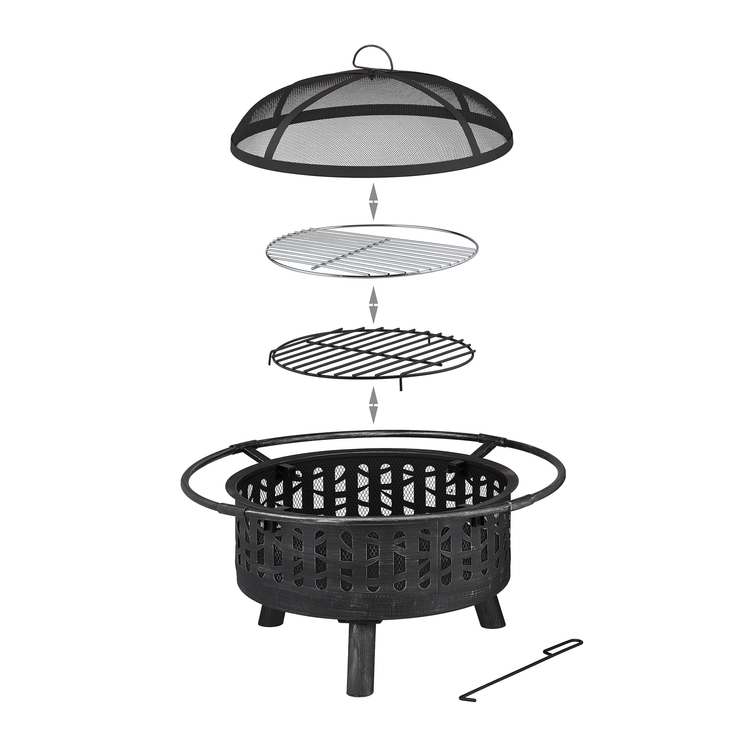 Relaxdays Palenisko z rusztem do grillowania i ochroną przed iskrami, pogrzebacz, ruszt węglowy, Ø 75 cm, palenisko ogrodowe, czarne/srebrne