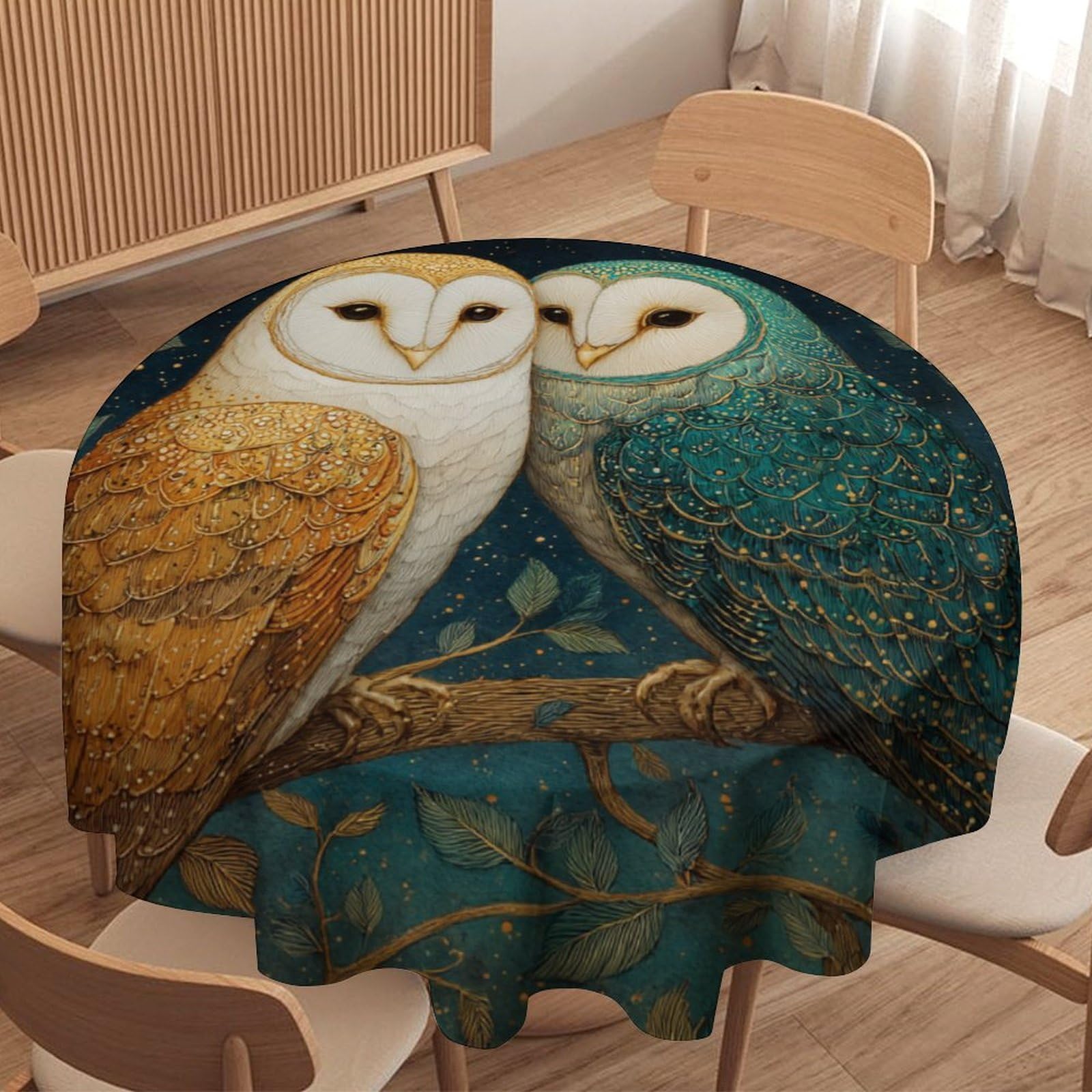 LUYYSKY Retro Classic Birds Owls Round Tablecloth Beautiful Colorful Starry Sky Plants Trees Animals Owls Pattern Washable Decor for Table Cover for Kitchen-70 Wx70 L