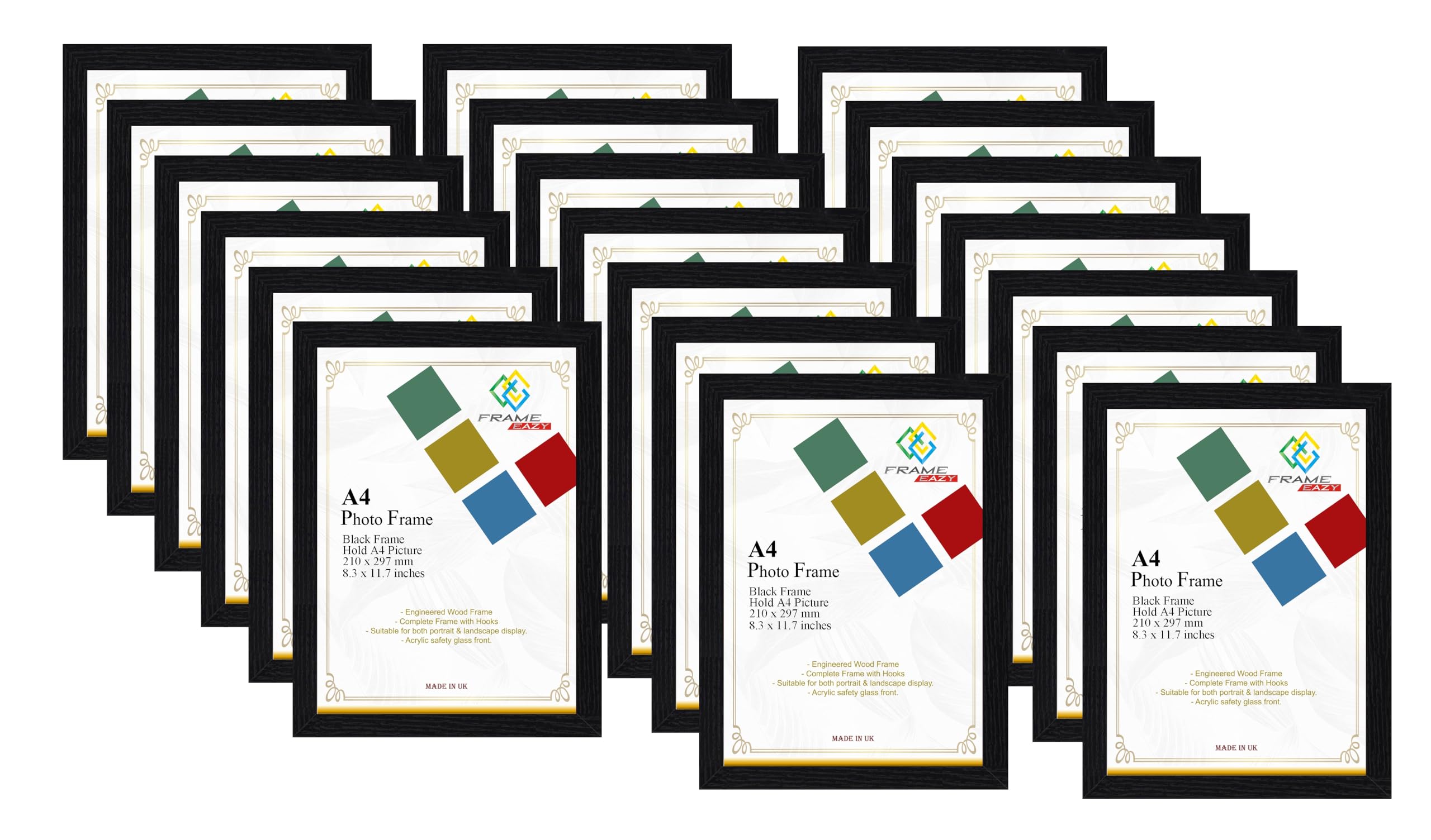 FRAME EAZY Black Modern A4 Photo Frame Multipack of 20 in Size 29.7 x 21cm Picture Frames - A4 Certificate Frame - Black Frame with Clear Perspex Sheet & Wall Mounted Hooks - Box of 20