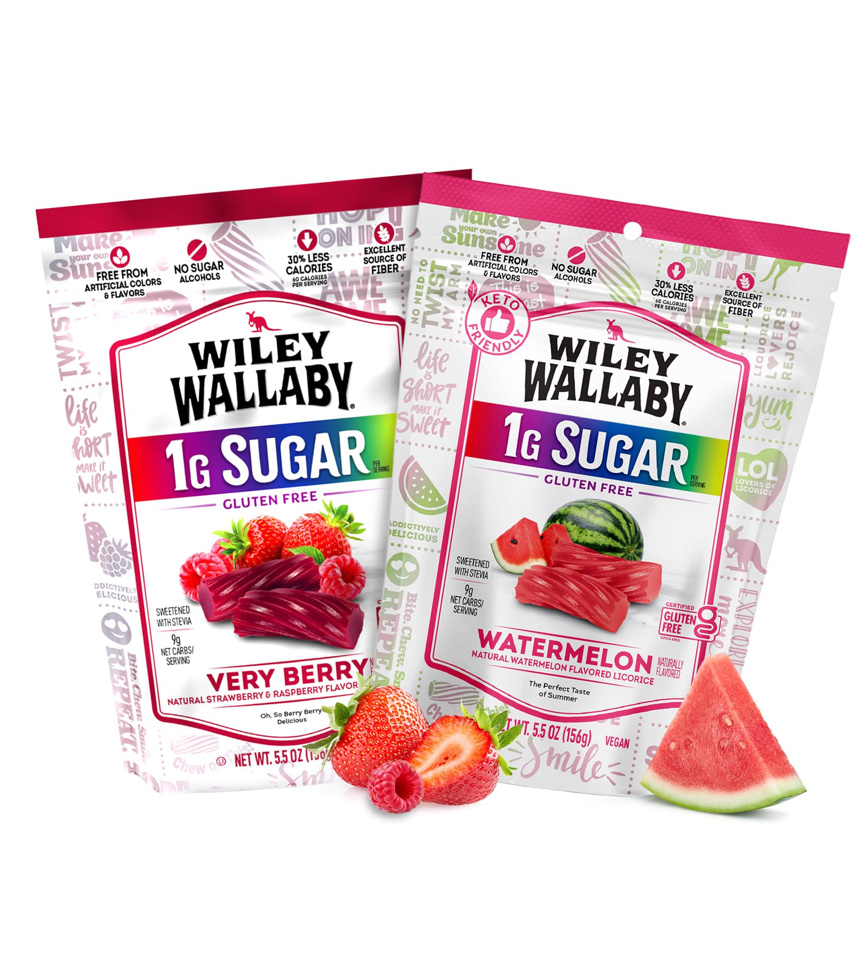 Wiley Wallaby Low Sugar Gluten Free Licorice | Soft Chewy Licorice | Watermelon and Very Berry Flavors | 5.5 Ounce | 2 Pack Very Berry & Watermelon 5.5 Ounce (Pack of 2)