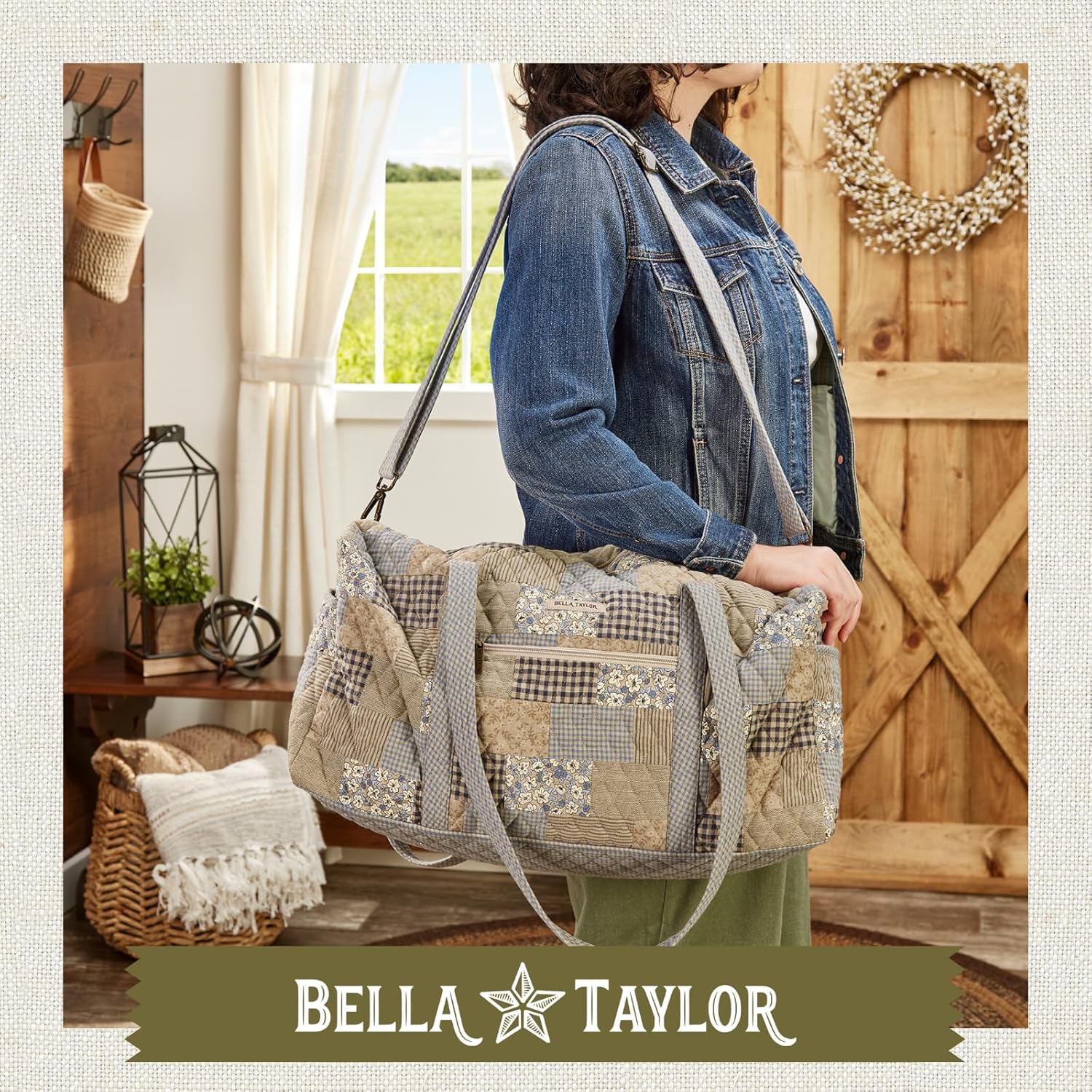 Bella Taylor Quilted Duffle Bag for Women, Large Carry On Travel Weekend Bag, Quilted Cotton Khaki Patchwork - Image 2