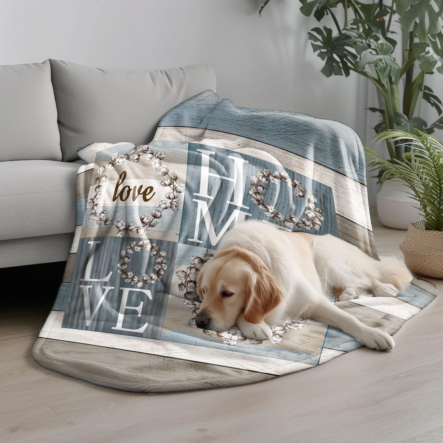 Rustic Floral Flower Sweet Love Home Fabric Throw Blanket, Farmhouse Country Vintage Wood Plank Cotton Soft Warm Fleece Blanket for Living Room Couch Bed Chair or Dorm, 50"x60"