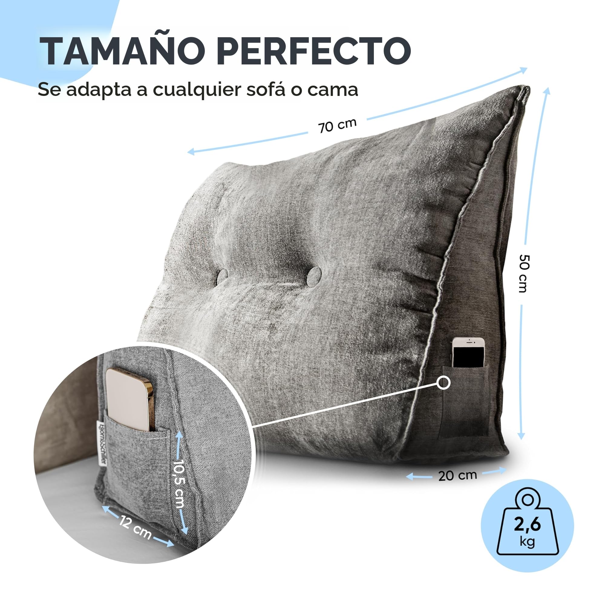 Björn&Schiller cojín de Respaldo, cojín de Lectura para Cama y sofá, Almohada de Lectura para Cama (Gris, 70 cm)