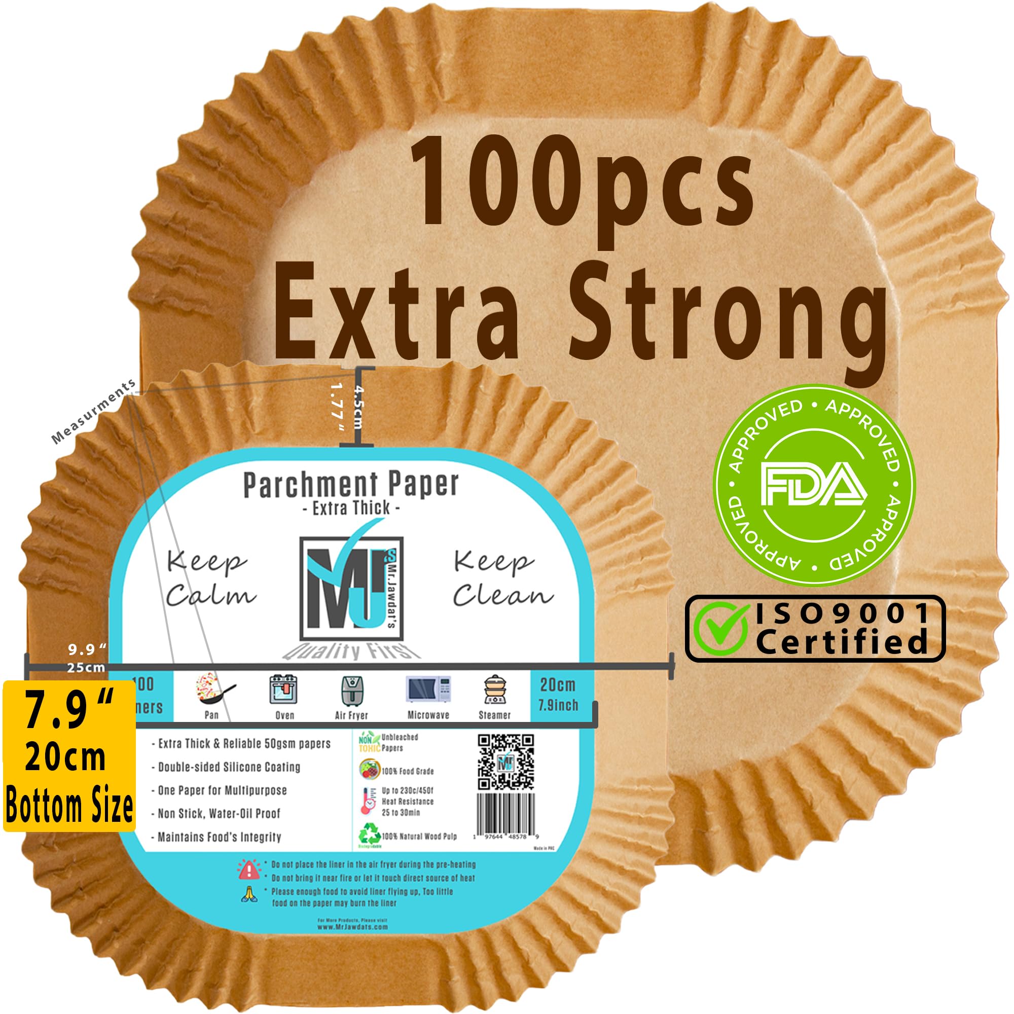 ((Extra Strong)) 100Pcs Mr.Jawdat's™ Thick Air Fryer Parchment Paper Liner (Square, Bottom Size 20cm/7.9inch) بطانة المقلاة الهوائية اكثر قوة