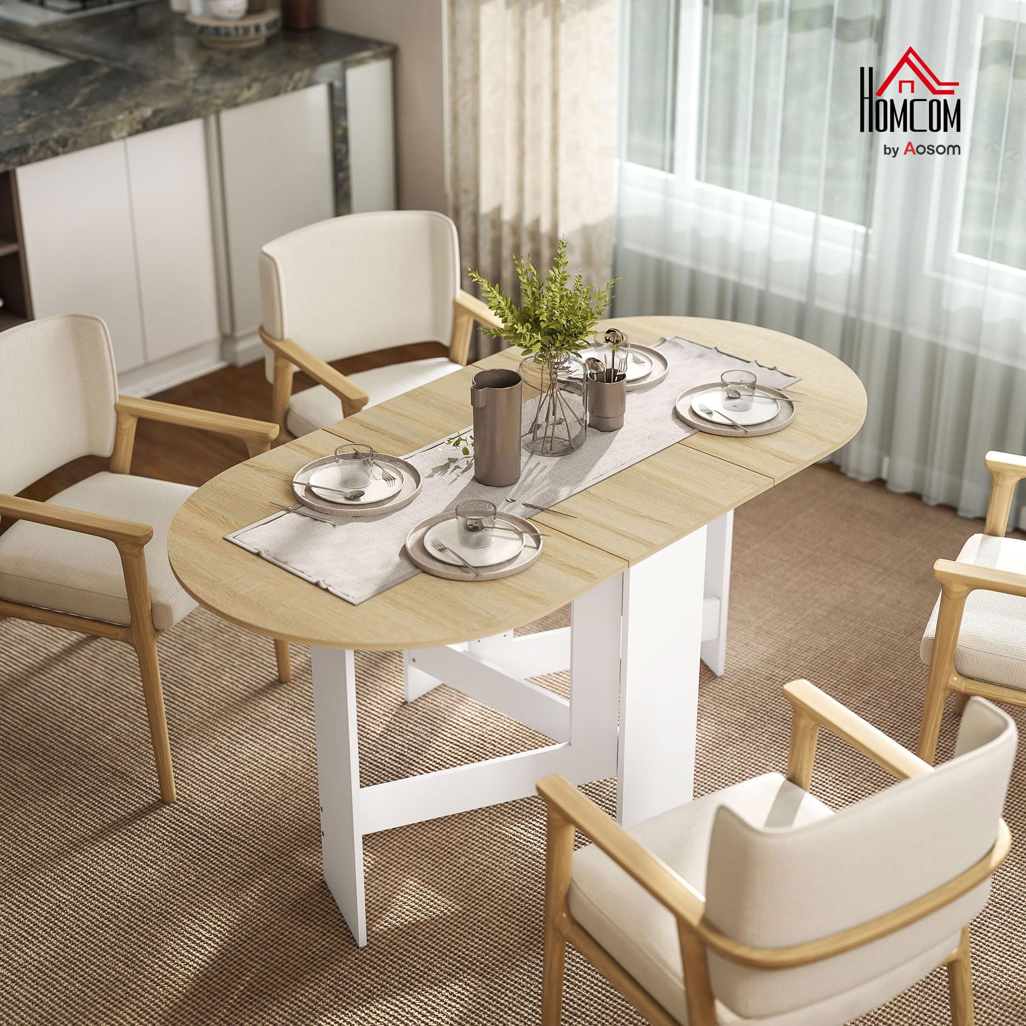 HOMCOM Tavolo da pranzo pieghevole fino a 6 persone in legno naturale e bianco | Tavolo pieghevole cucina ovale per piccoli spazi, sala da pranzo